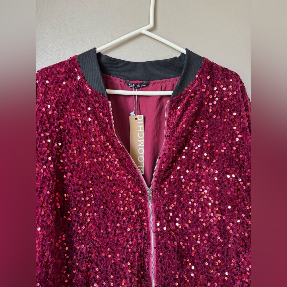 BloomChic Burgundy Sequin Bomber Jacket - Picture 2 of 8
